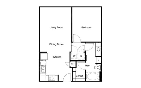 Floor plan for 1 bed, 1 bath, 753 sqft